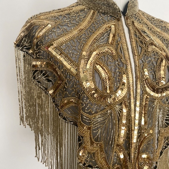 Gold Art Deco Hand Beaded Fringe and Sequin Cape - Picture 3 of 7